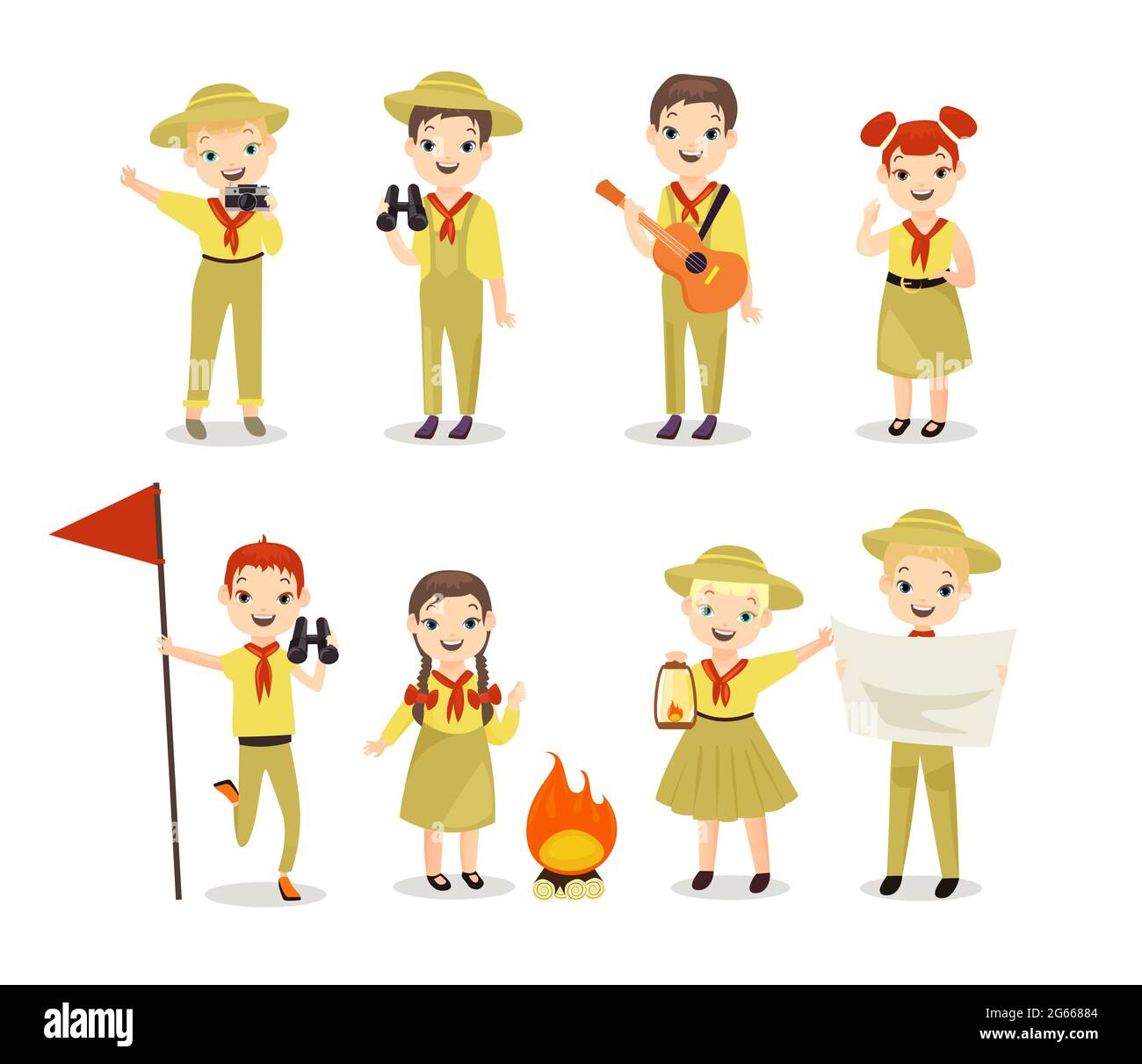 Scouts flat vector illustrations set. Children with hiking equipment, summer camp activities. Camping, outing, summertime leisure. Little campers Stock Vector