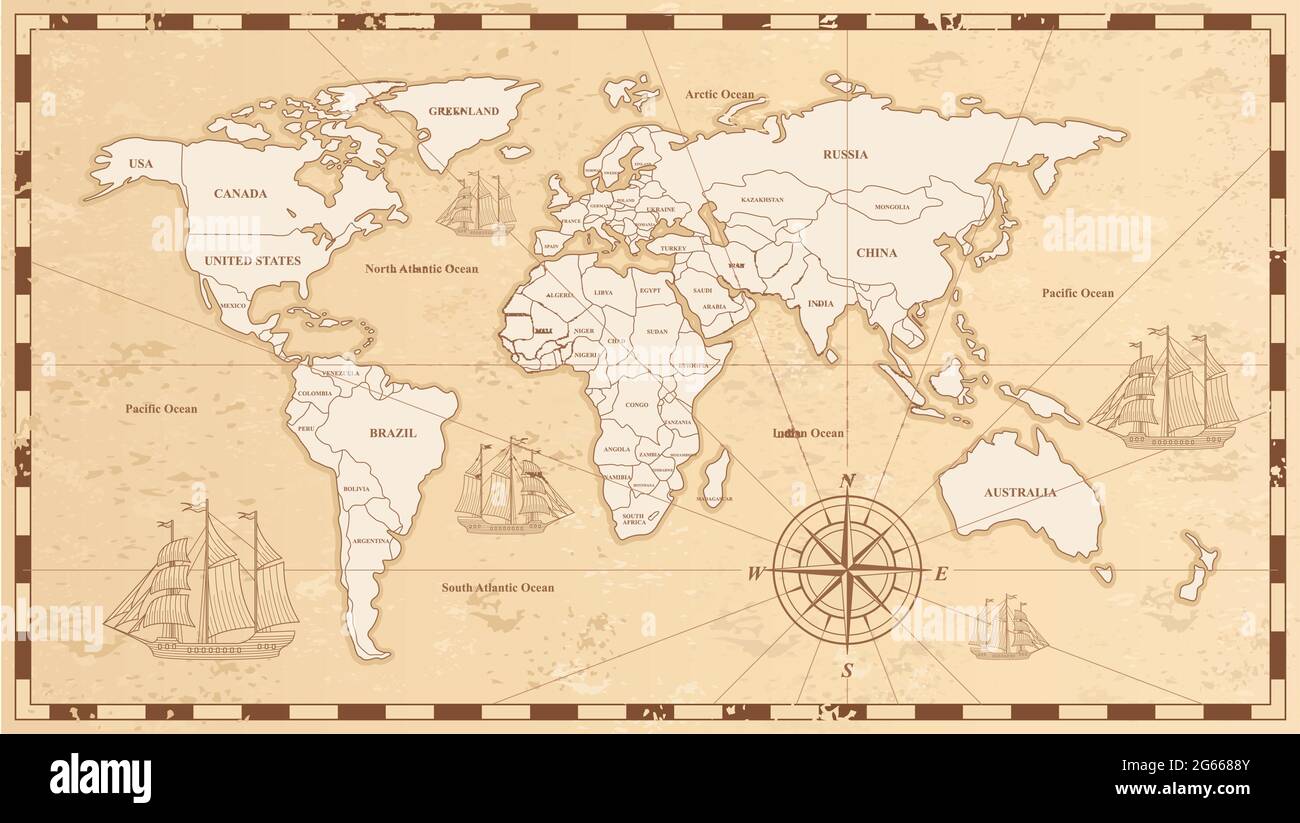 Old world map flat vector illustration. Ancient parchment with countries and oceans names. Vintage document with continents, ships and wind rose Stock Vector