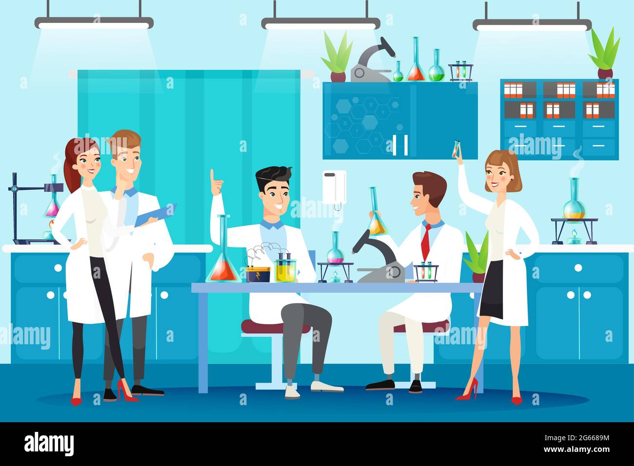 Scientific laboratory flat vector illustration. Chemical lab experiment, study, research. People in white gowns, scientists at workplace working Stock Vector