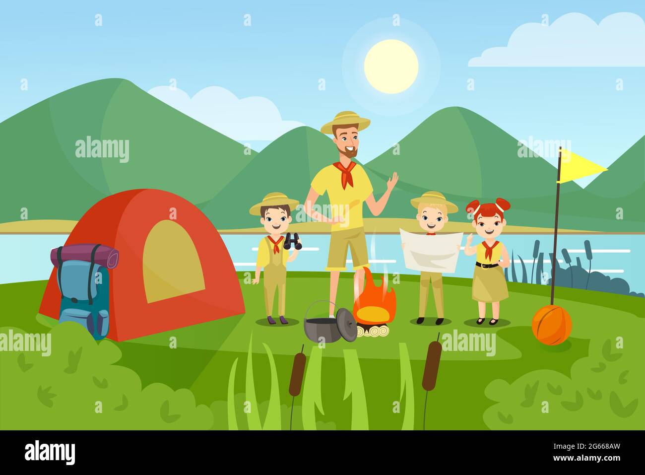 Scouts with teacher flat vector illustration. Camping, outing, summertime activity, recreation, outside leisure. Young campers, man and preschool Stock Vector