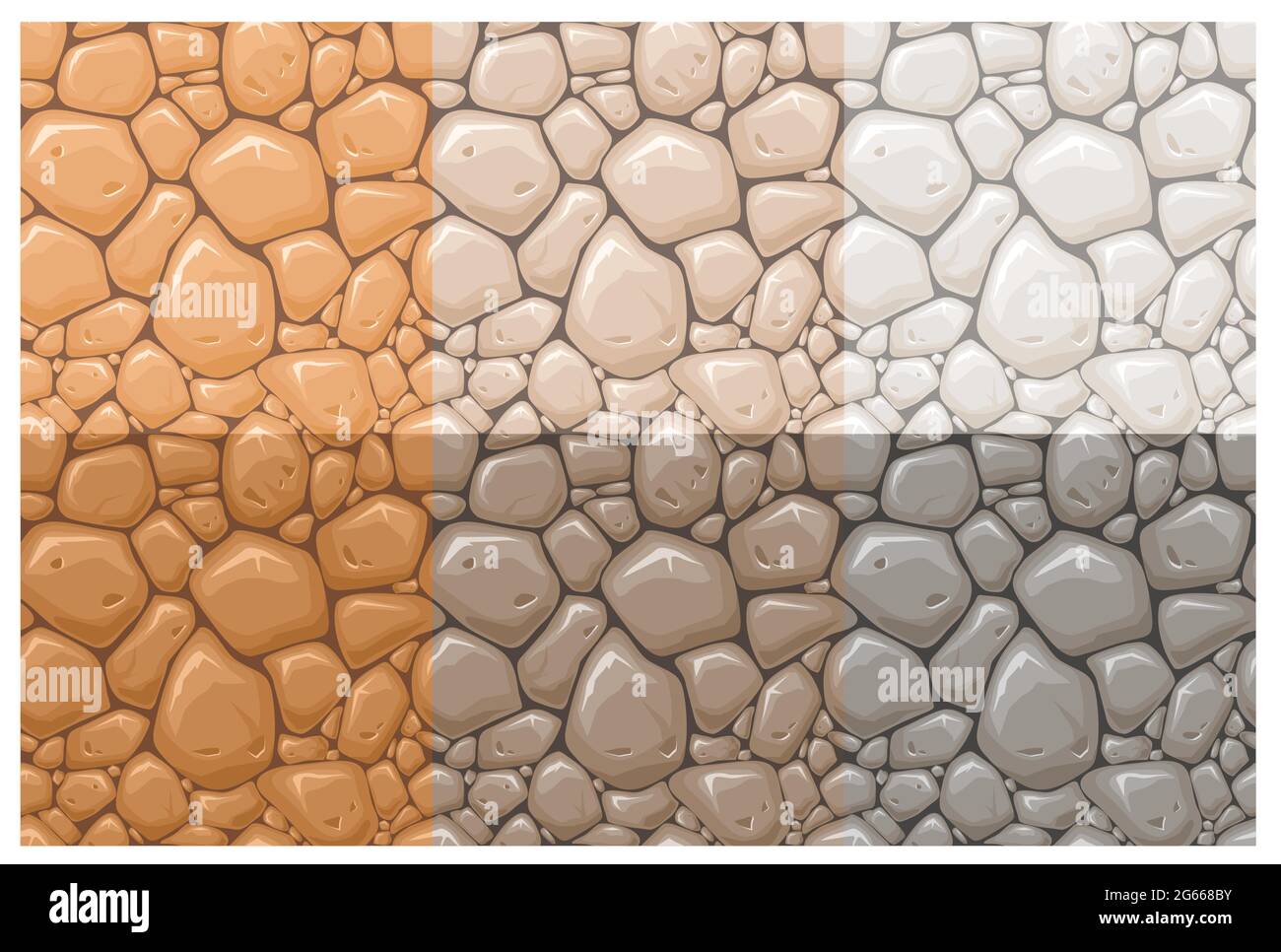 Stone surface vector seamless patterns set. Multicolor rocks, cobblestone textures collection. Orange, brown and grey stone wall background. Vintage Stock Vector