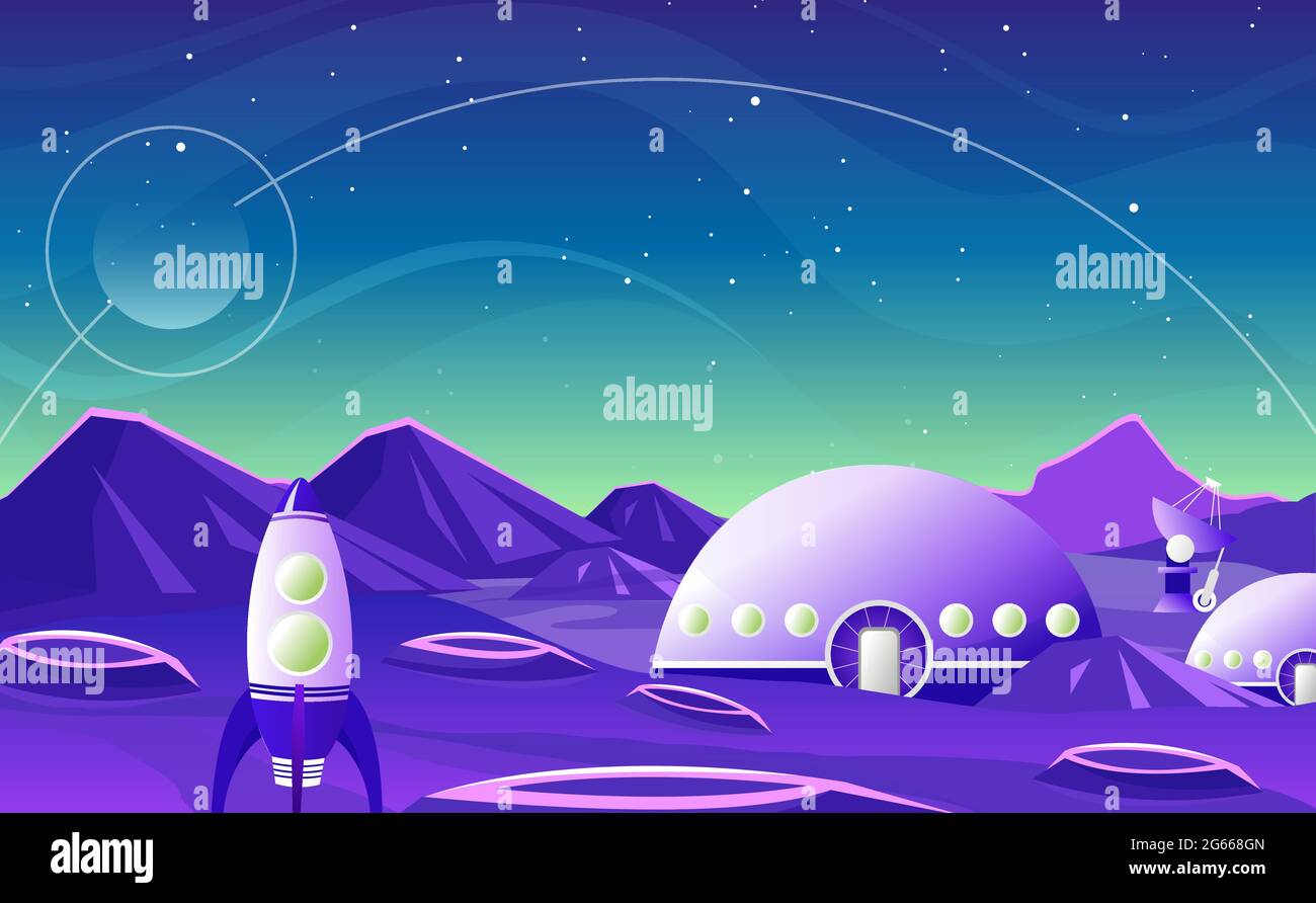Fantasy space landscape planet cartoon flat design vector illustration background Stock Vector