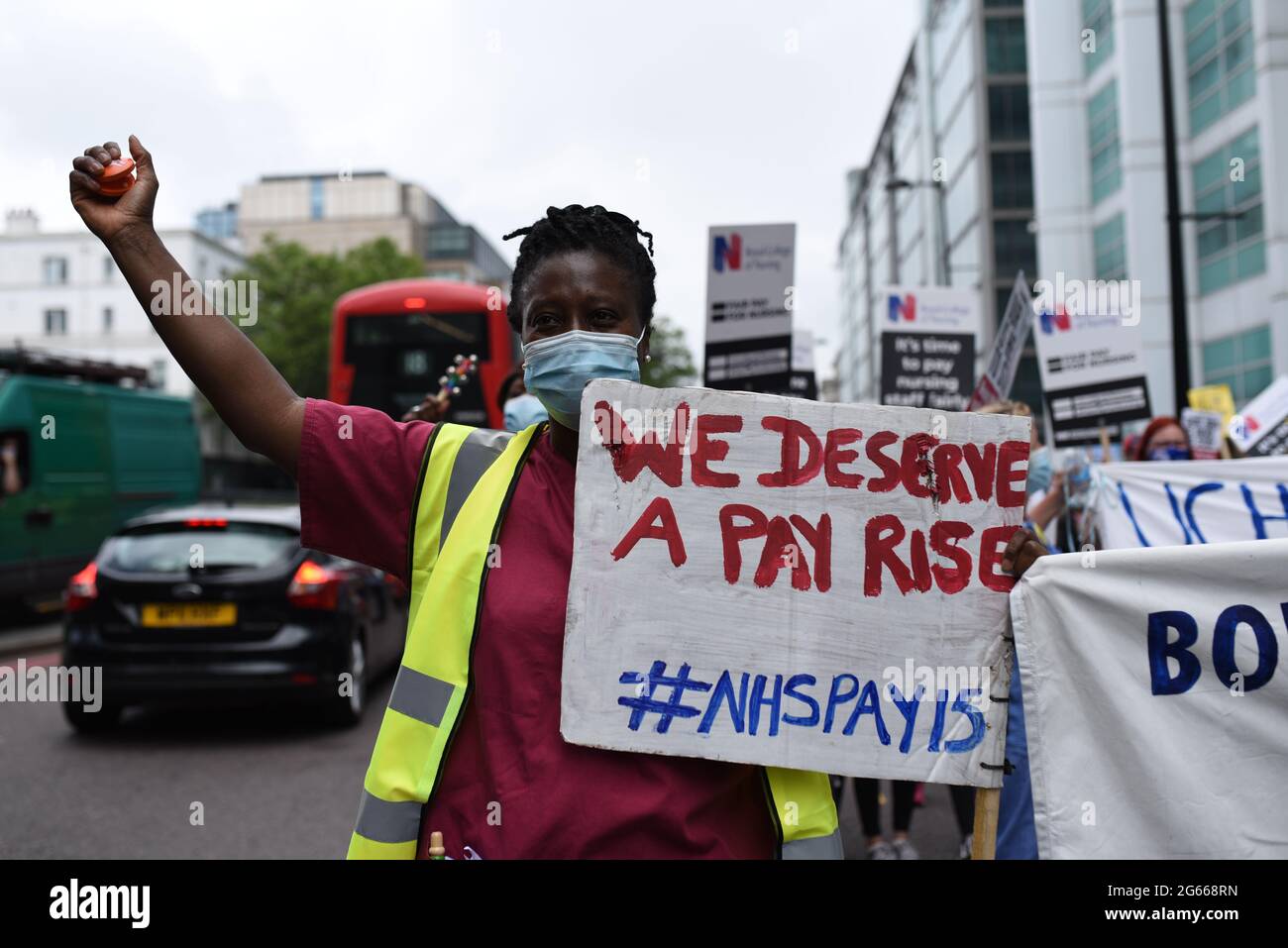 London, UK. 3 July 2021. UK nationwide NHS protest for the 73rd birthday of the NHS. Protestors march in London from UCLH to Parliament Square to demand patient safety, pay justice and an end to privatization. Credit: Andrea Domeniconi/Alamy Live News Stock Photo