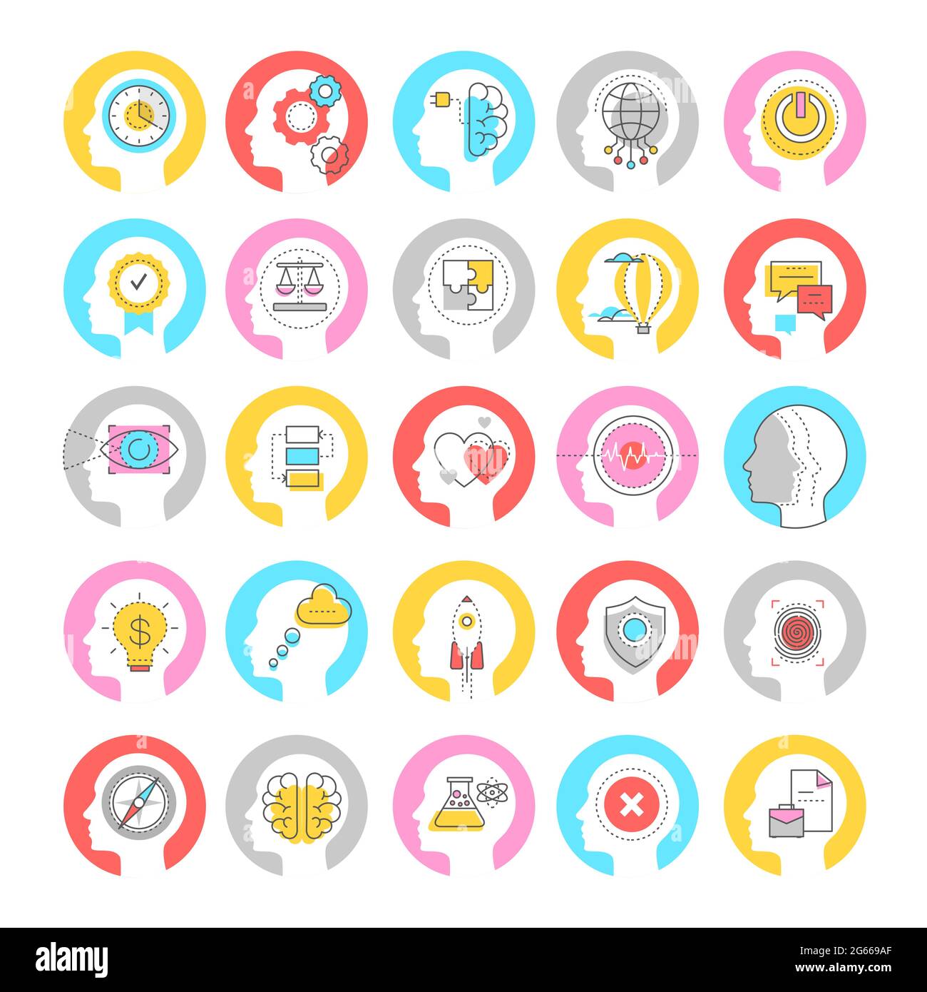 Brainstorming concept colorful linear vector icons set Stock Vector