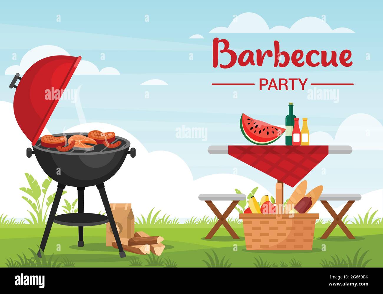 Barbeque party outdoors colorful flat vector illustration Stock Vector