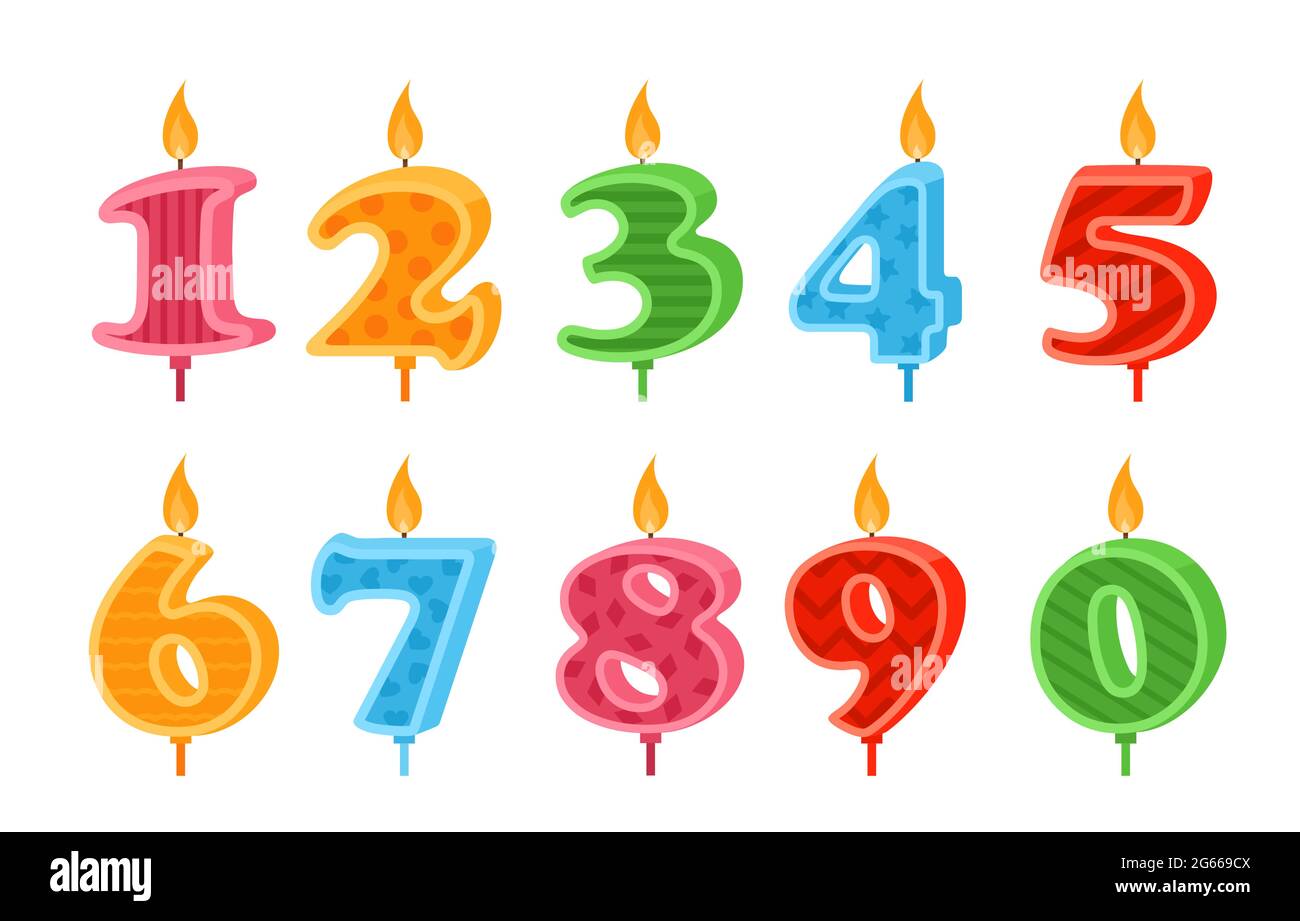 Candles numbers colorful flat vector illustrations set. Stock Vector