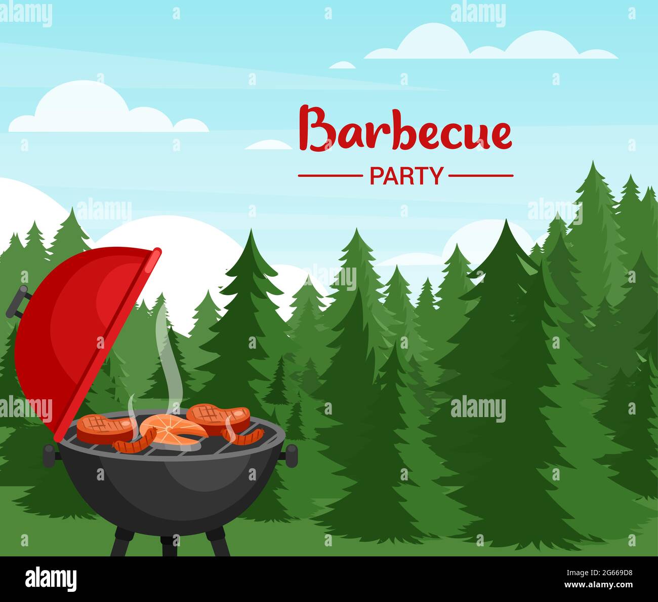 Barbeque party in forest flat vector illustration. Outdoor Bbq banner template with typography. Picnic in wood. Grill with meat and fish. Tasty Stock Vector