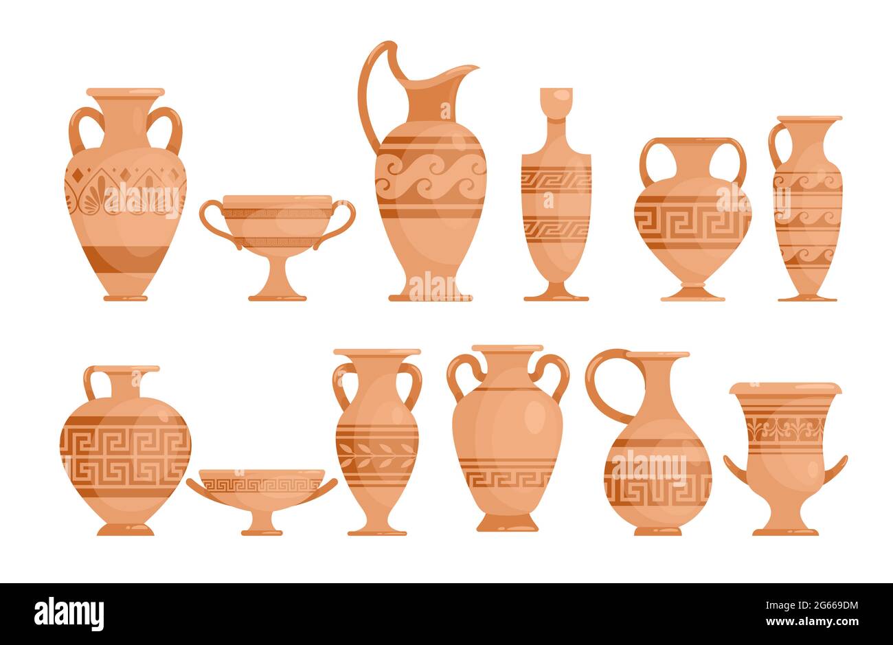 Greek vases flat vector illustrations set. Ceramic antique amphora with patterns collection. Ancient Greece potter with ornament isolated design Stock Vector