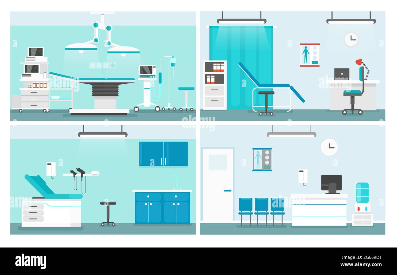 Hospital rooms flat vector illustrations set. Doctor office cartoon interior design pack. Medical center waiting room and corridor, patient ward Stock Vector