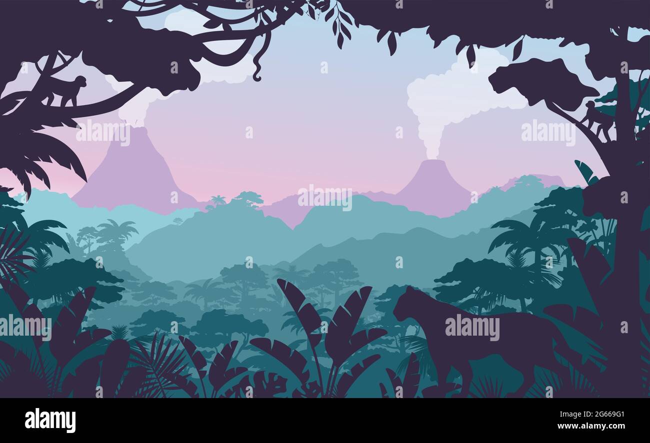 Tropical jungle flat vector illustration. Beautiful evening forest landscape, exotic flora and fauna. African rainforest view with wild cat silhouette Stock Vector