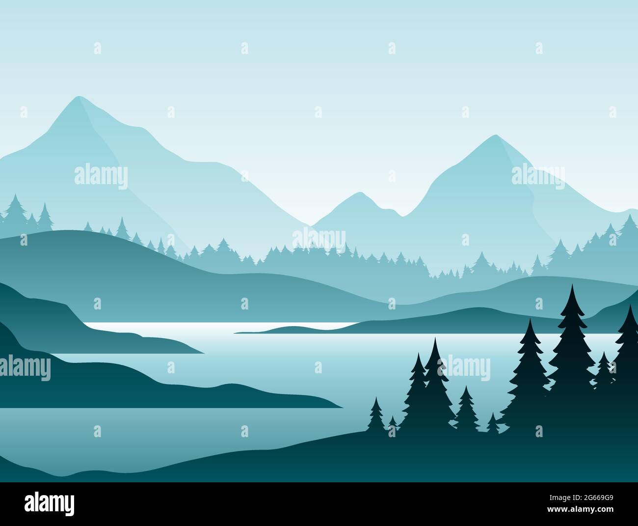 Forest foggy landscape flat vector illustration. Nature scenery with fir trees and hill peaks silhouettes on horizon. Mountain valley and river in Stock Vector