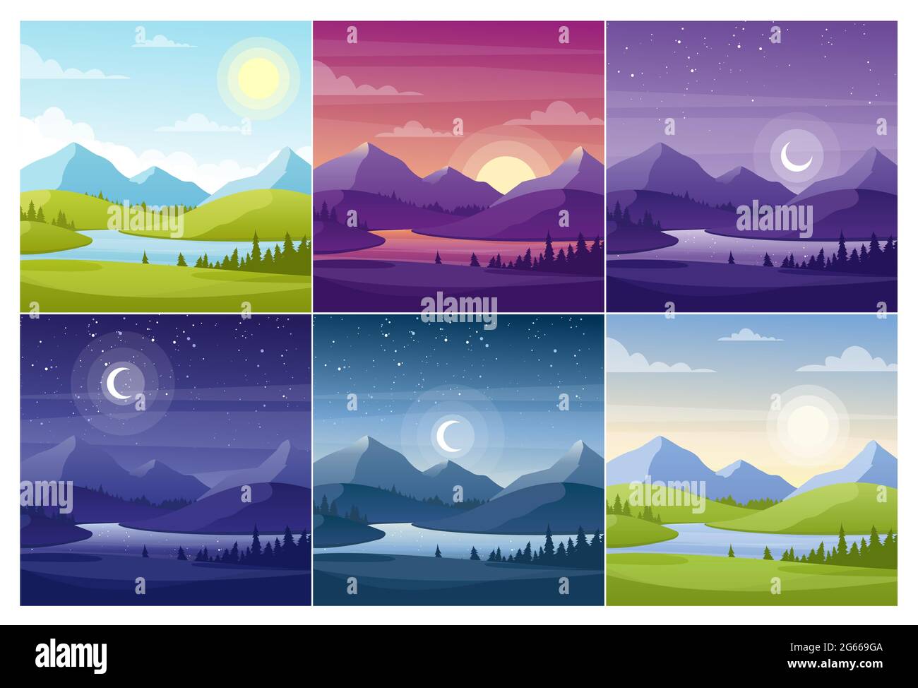Nature landscapes at different day time flat vector illustrations set Stock Vector