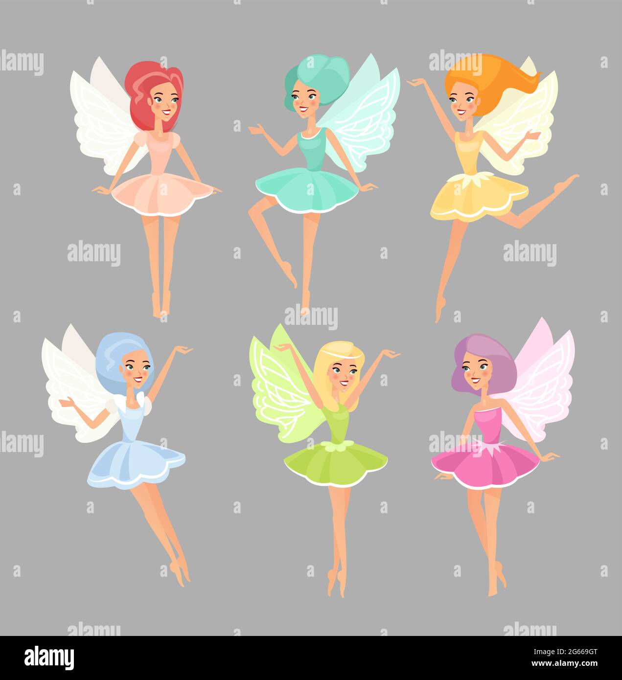 Fairies flat vector illustrations set. Magic fairytale creatures isolated on grey background. Cute mythical flying elves cartoon characters. Colorful Stock Vector