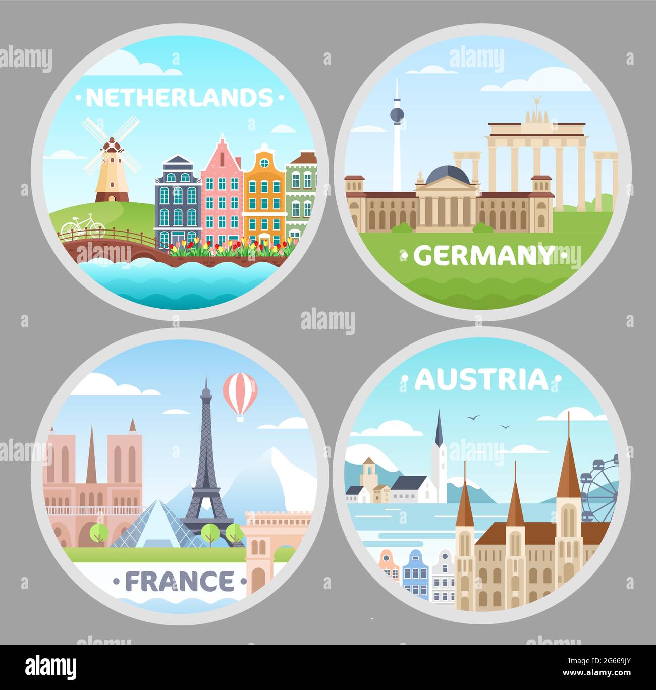 European countries magnets flat vector illustrations set Stock Vector