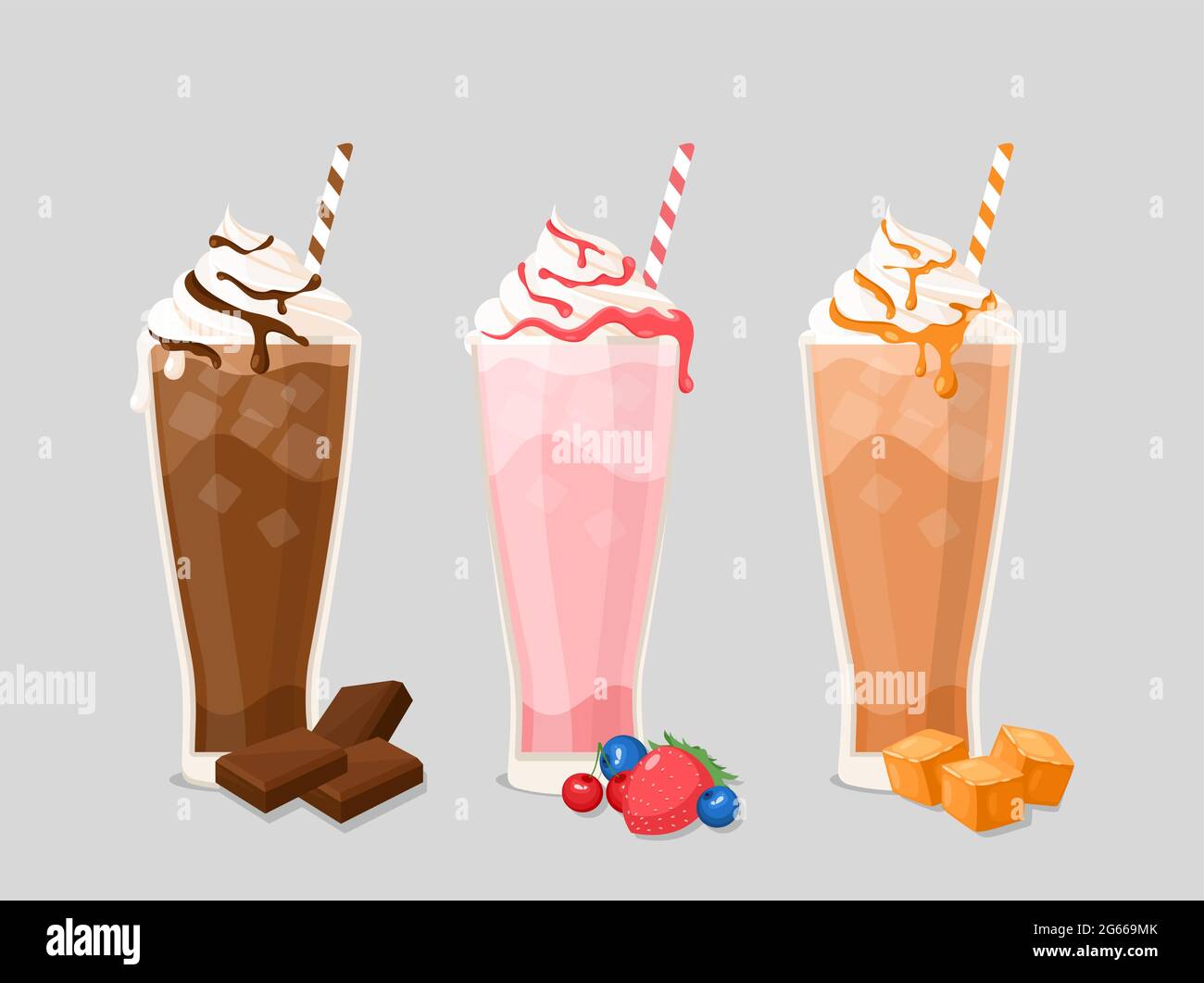 Milk cocktail flat vector illustrations set. Tasty drinks with whipped cream and ice cubes isolated pack on white. Sweet beverages with chocolate Stock Vector