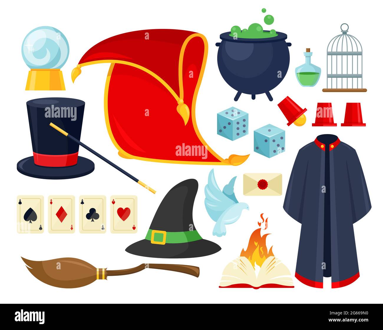 Magician accessories colorful flat vector illustrations set Stock Vector
