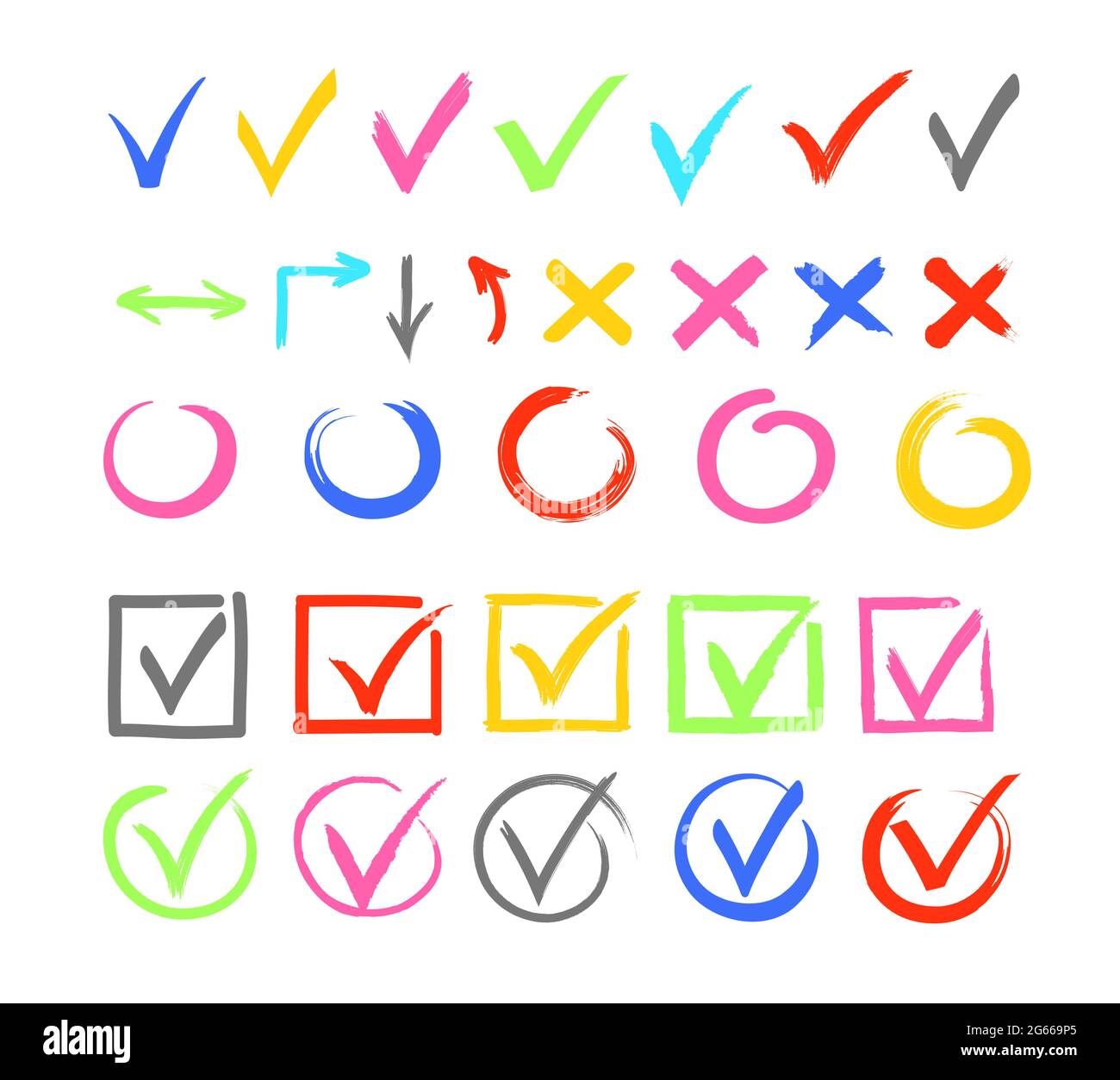 Check marks color vector illustrations set. Cross and arrow isolated design elements pack. Agree and disagree symbols bundle. Tick in voting Stock Vector