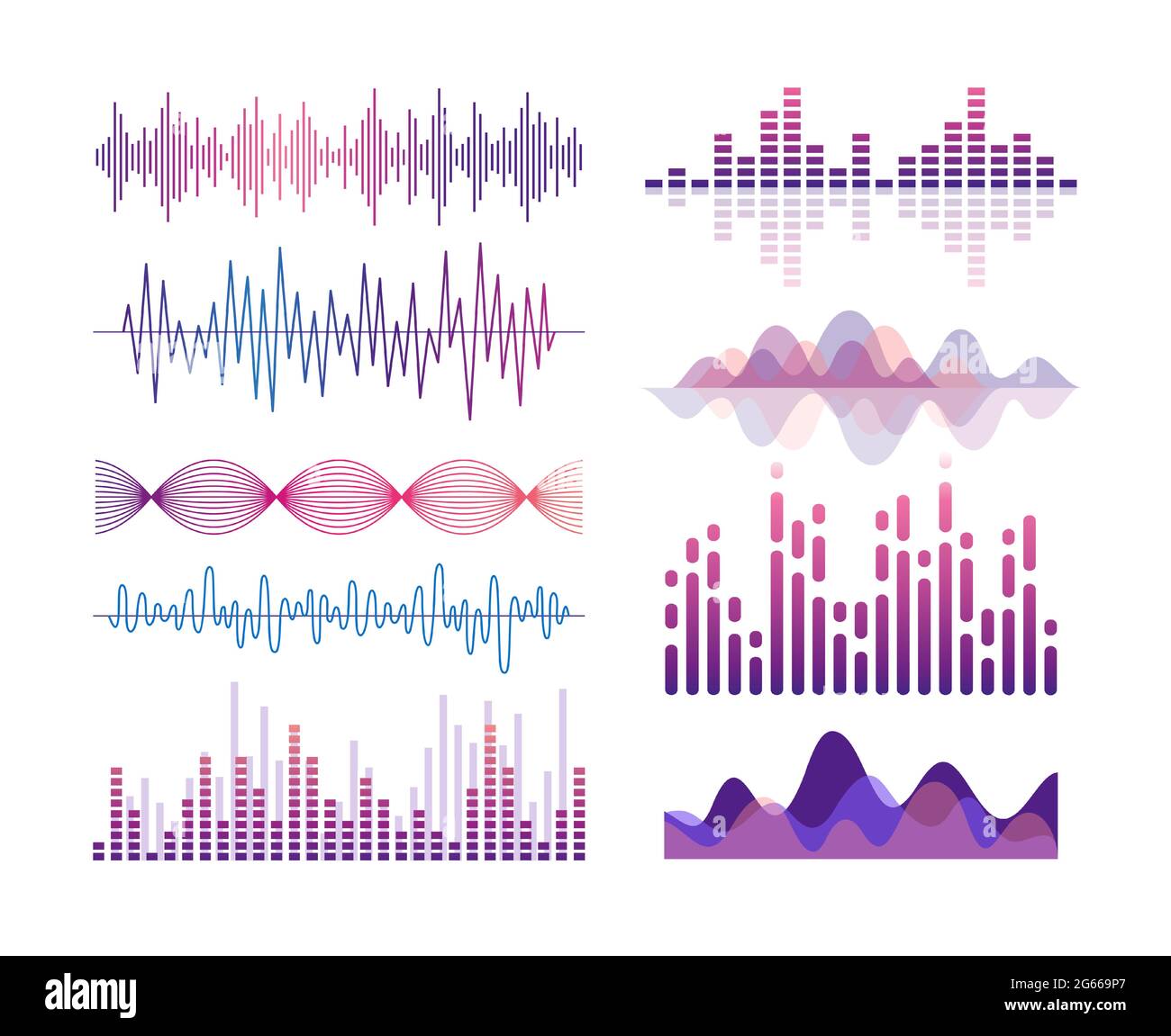 Sound waves vector color illustrations set. Audio effects visualization. Music player equalizer. Song, voice vibration. Violet lines and curves Stock Vector