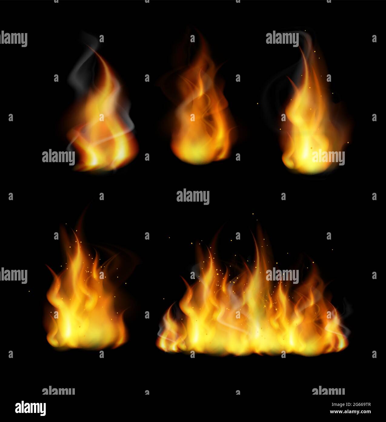 Forks of flame realistic 3d vector illustrations set. Burning yellow bonfire with bright sparks collection isolated on black background. Fireflames Stock Vector