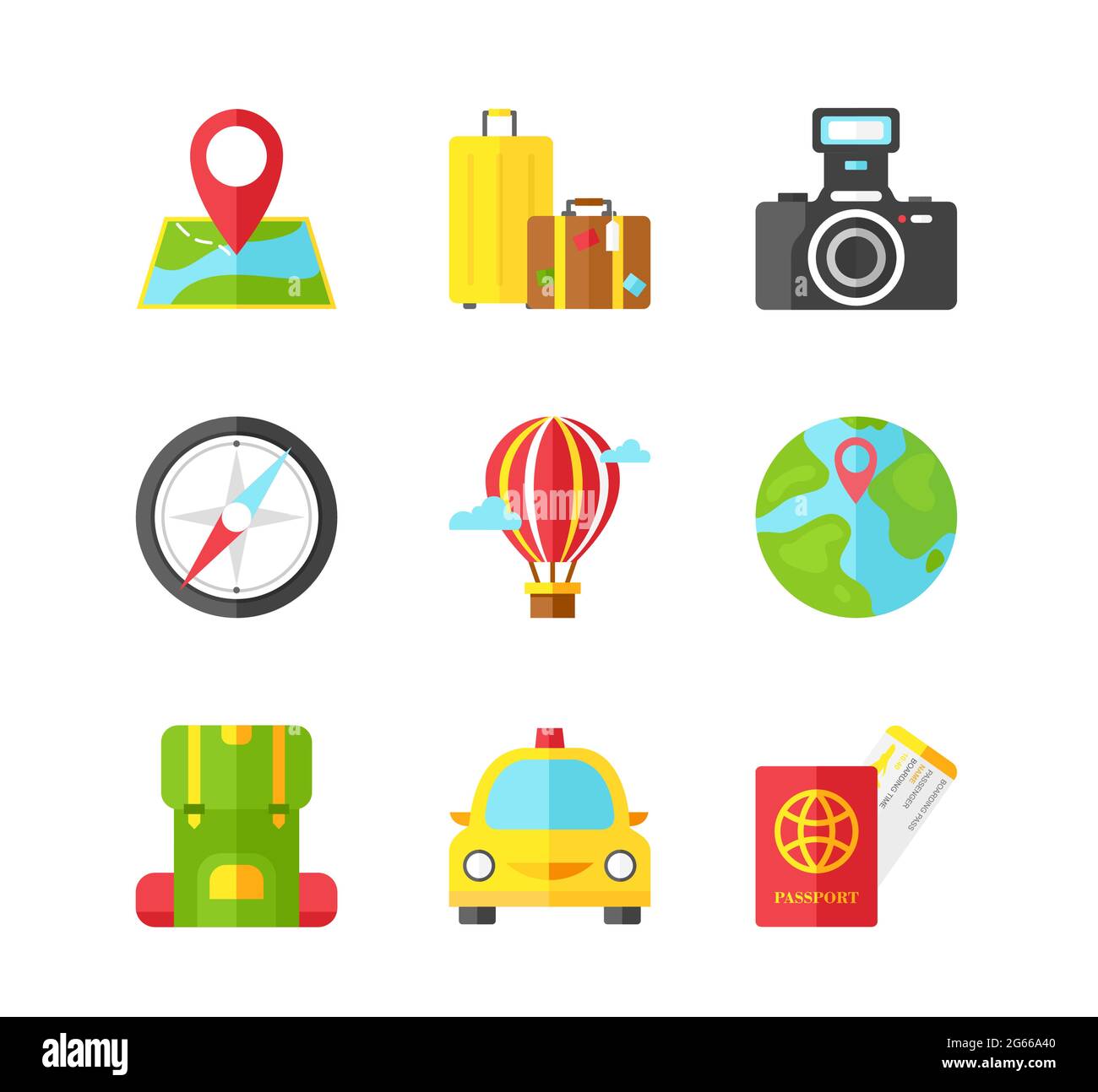 Travel flat vector icons set. Holiday vacation color symbols isolated pack. Suitcase, camera, map with pointer stickers. World trip, adventure, voyage Stock Vector
