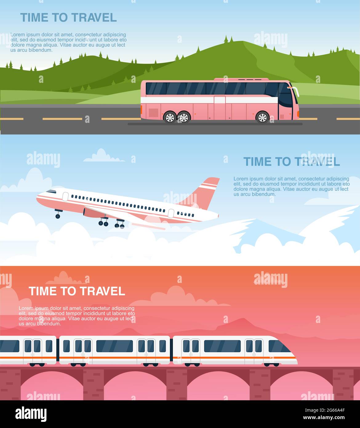 Time to travel web banner vector templates set. Tourist agency advertisement designs pack. Airway, railway and road transportation. Airplane, bus and Stock Vector