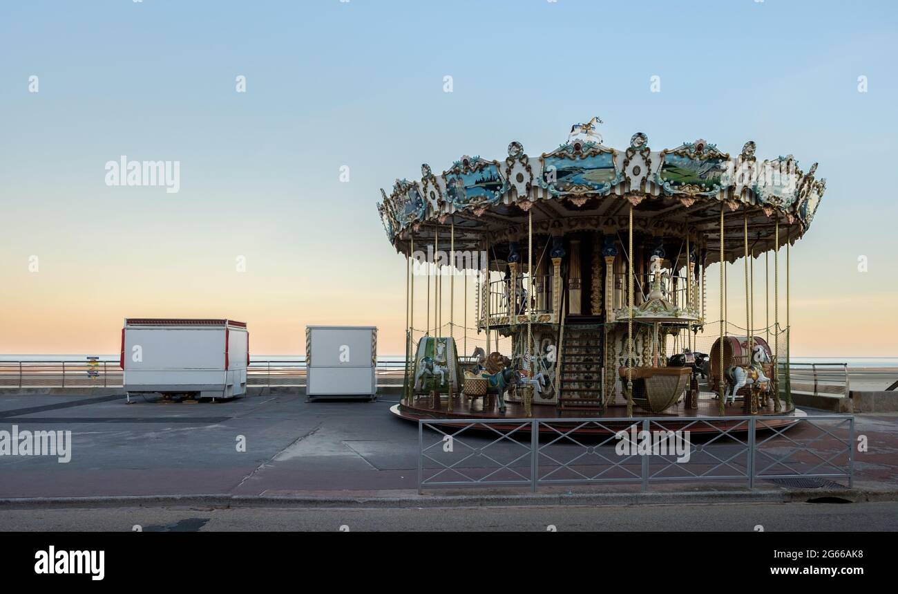 Berck-sur-Mer, France - 22 July 2020: Vintage carousel next to beach. Stock Photo