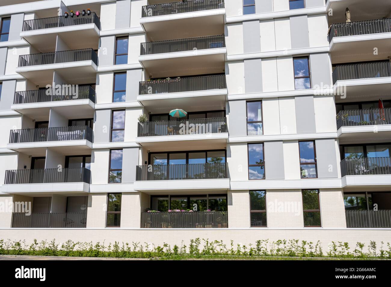 Modern apartment building with big balconies seen in Berlin, Germany ...