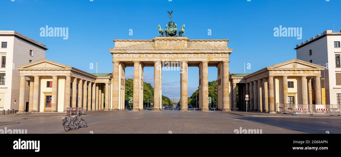 Panorama of the Brandenburg Gate in Berlin early in the morning with no people Stock Photo