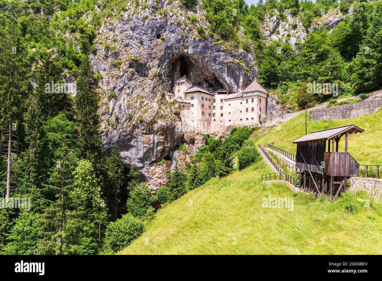 Predjama castle is a unique cave what built in a cave entrance. Renessiance style fortress from 12th century in Slovenia Julian apls Mountains. One of Stock Photo