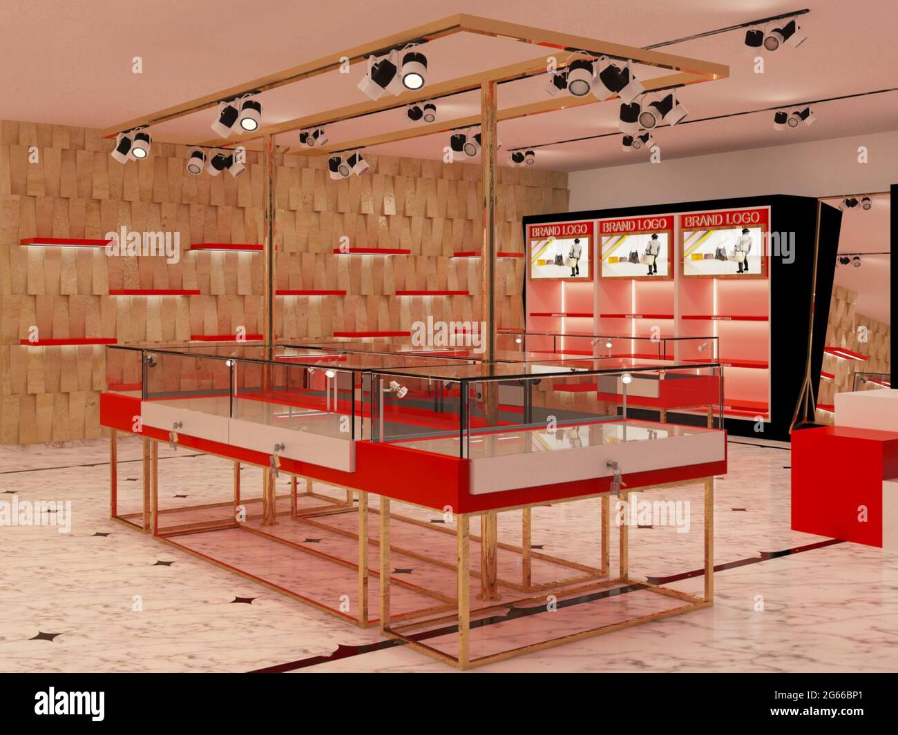 3D rendered contemporary style, red and white color combination showroom. Stock Photo