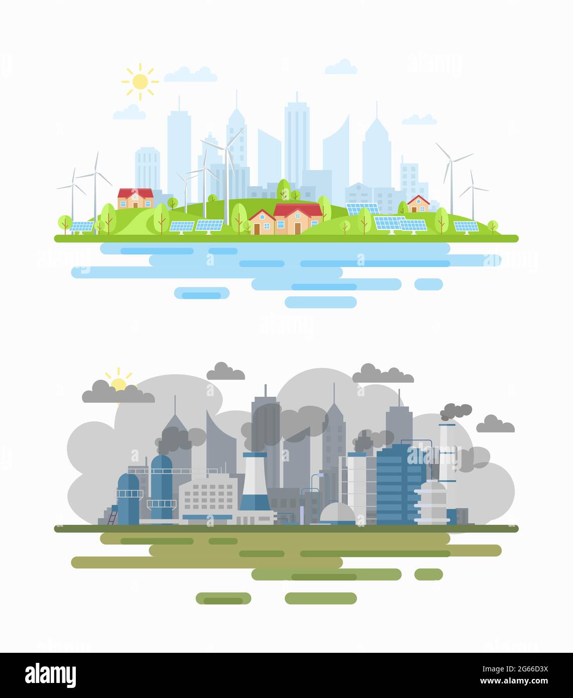 Air pollution city landscape difference flat vector illustration Stock Vector