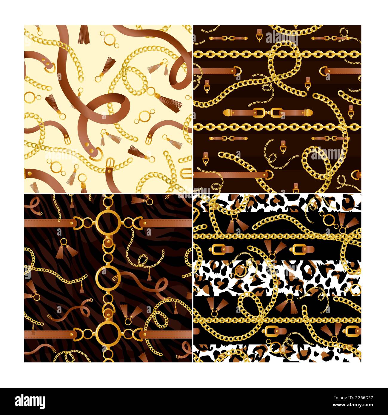 Golden chains and animalistic print vector seamless patterns set. Realistic brown belt with buckle on black background. Gold necklace with tassels Stock Vector