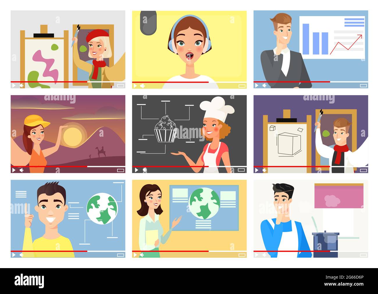 Bloggers flat vector illustrations set. Influencers, vloggers cartoon characters. Finance expert, analyst online seminar. Travel and food bloggers Stock Vector