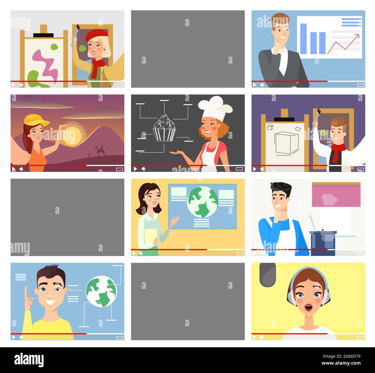 Vloggers flat vector illustrations set. Influencers streaming live. Different video blogs and empty screens. Travel and food bloggers cartoon Stock Vector