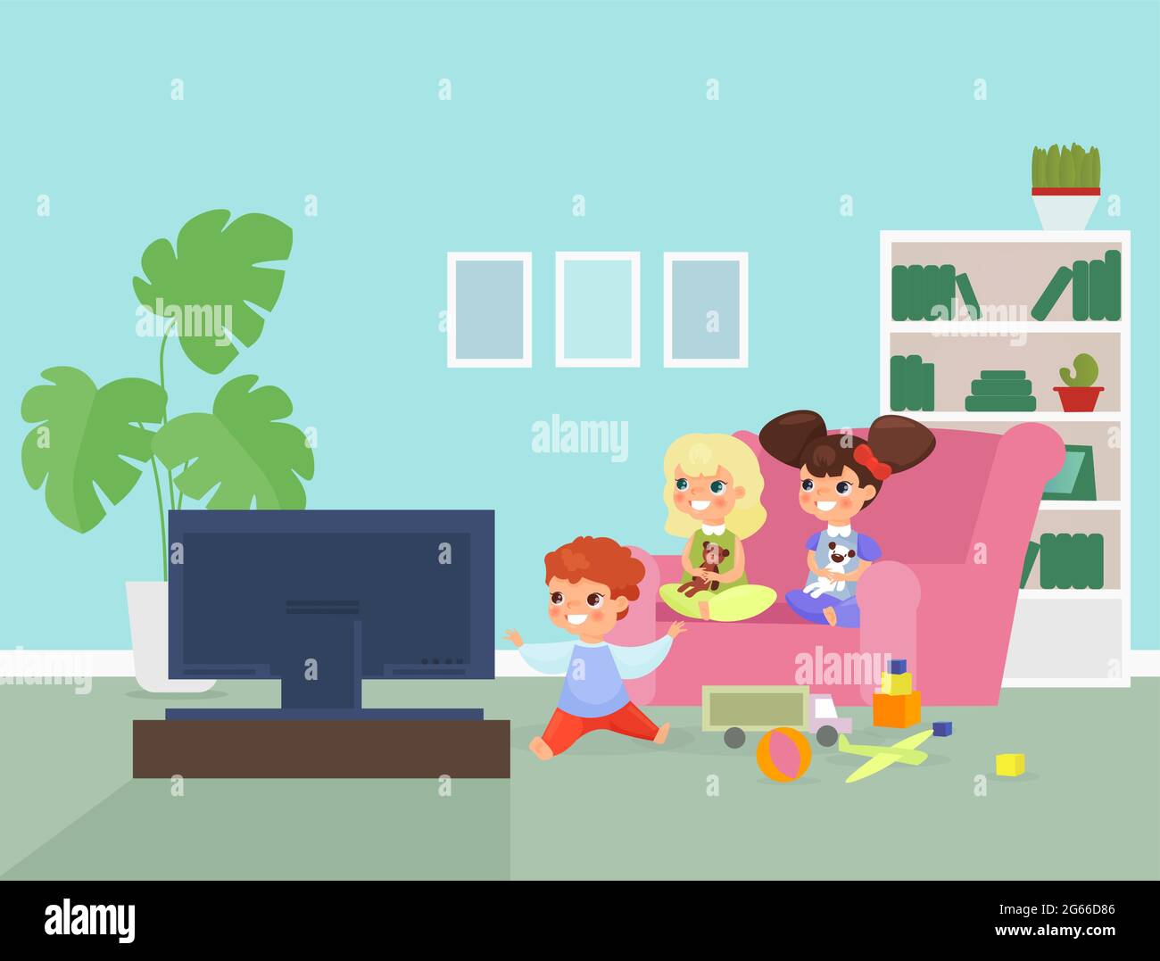 Children watching TV flat vector illustration. Cute kids sitting on sofa  cartoon characters. Smiling preschoolers playing with soft toys, cubes  Stock Vector Image & Art - Alamy