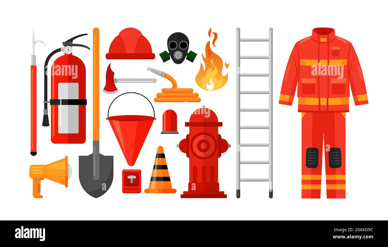 Fireman equipment flat vector illustrations set. Firefighter uniform, protective helmet and gas mask isolated on white background. Rescue service Stock Vector
