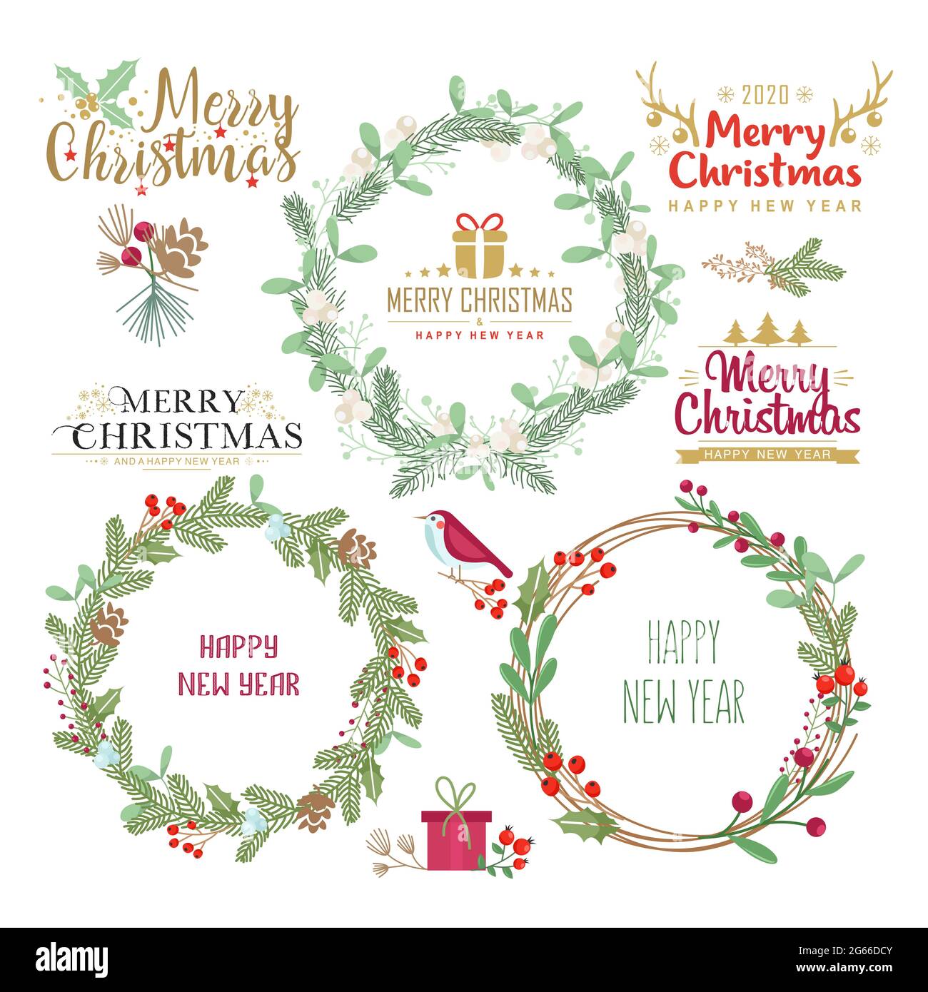 Christmas Wreaths Silhouettes Vector Illustrations Set Stylish White