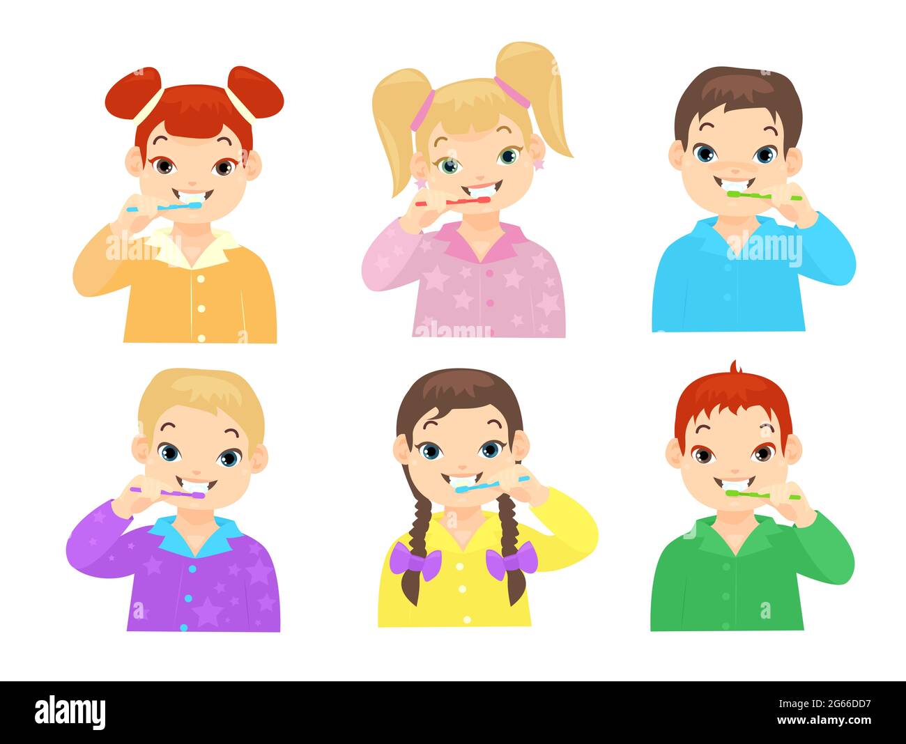 Children brushing teeth flat vector characters set. Cute kids cleaning teeth with toothbrushes illustrations pack. Cartoon boys and girls daily Stock Vector