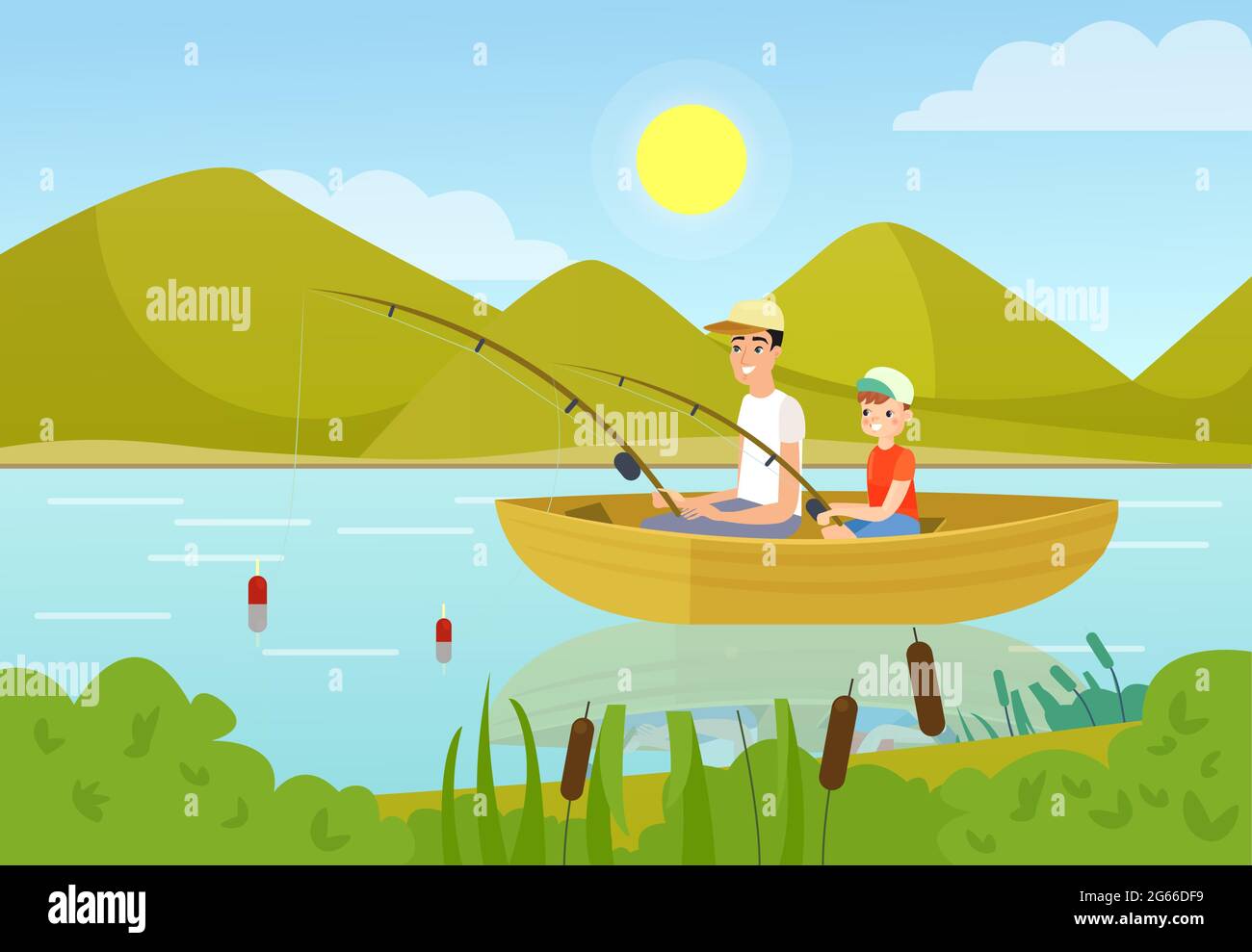 Father and son fishing in boat flat vector illustration. Daddy and teenage boy enjoying summer outdoor activity. Parent sharing hobby with child Stock Vector