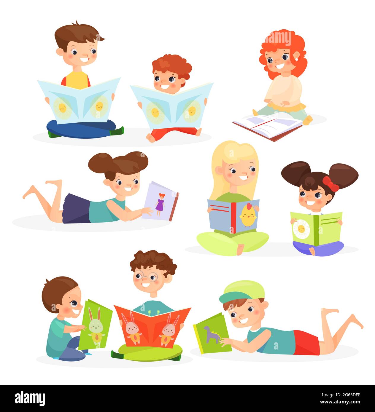 Children reading books flat vector illustrations set. Cute kids enjoying  childish stories cartoon characters. Cheerful toddlers with textbooks  looking Stock Vector Image & Art - Alamy