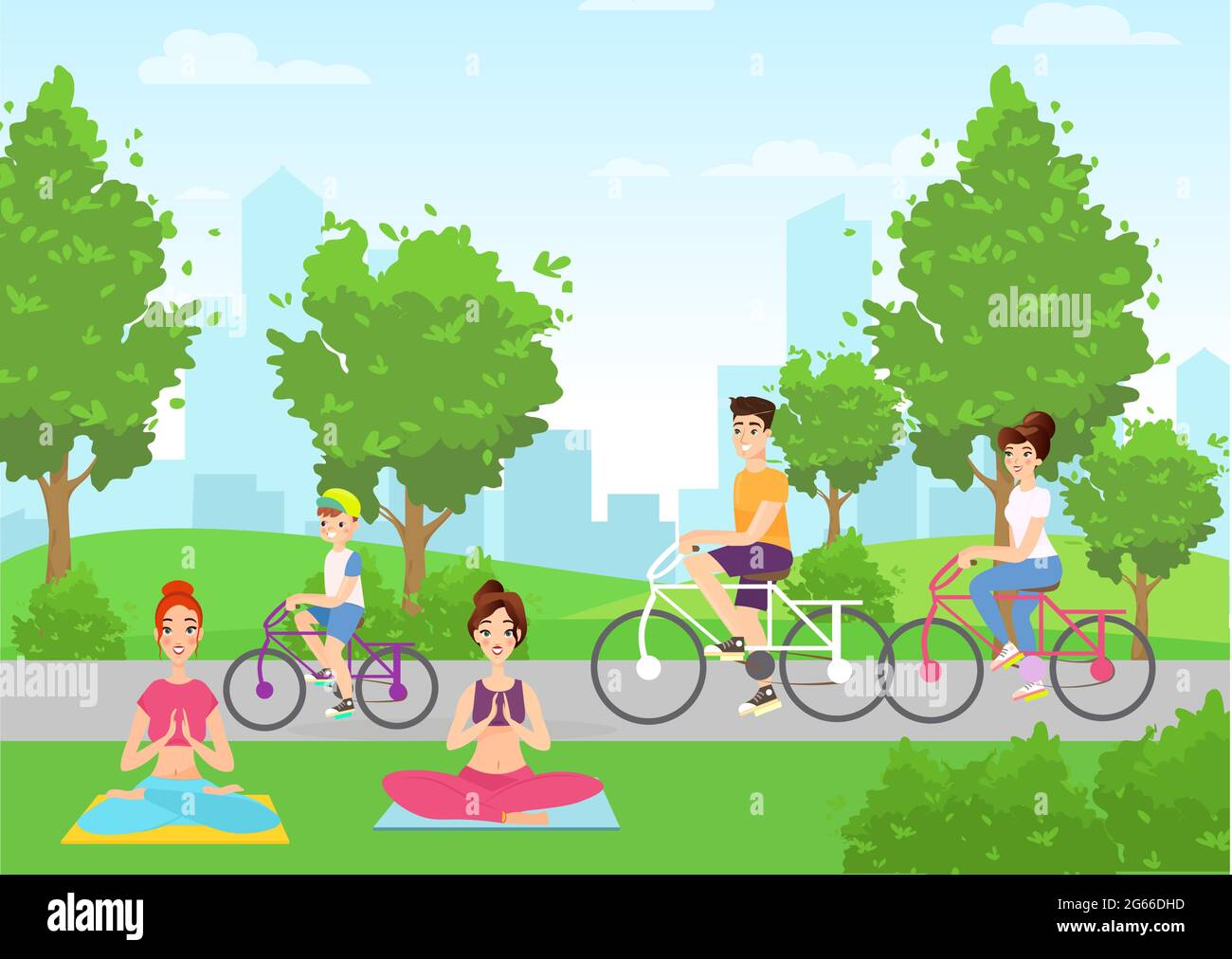 Summer outdoor activities flat vector illustration. Young girls doing yoga in city park cartoon characters. Parents and child riding bicycle. Healthy Stock Vector