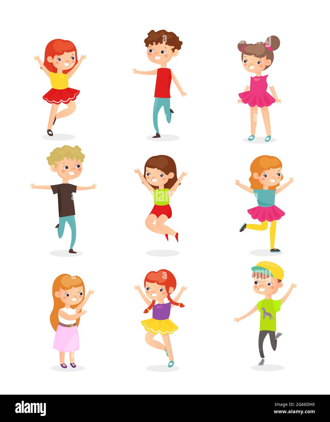 Kids jumping flat vector illustrations set. Joyful children in motion cartoon characters pack. Carefree preschoolers having fun isolated on white Stock Vector