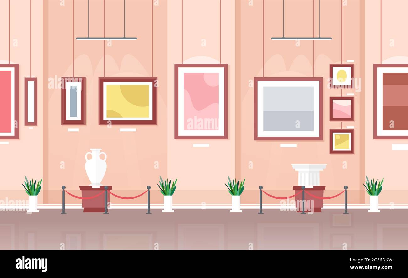 Vector illustration of museum or art gallery exhibition interior in cartoon  flat style. Abstract art colorful paintings on walls and sculptures in  Stock Vector Image & Art - Alamy