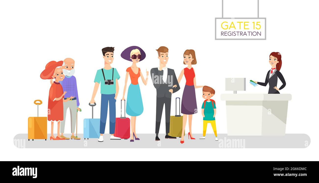 Flight registration queue flat vector illustration. Happy passengers standing in line. Airport officer checking tickets and boarding passes. Young and Stock Vector