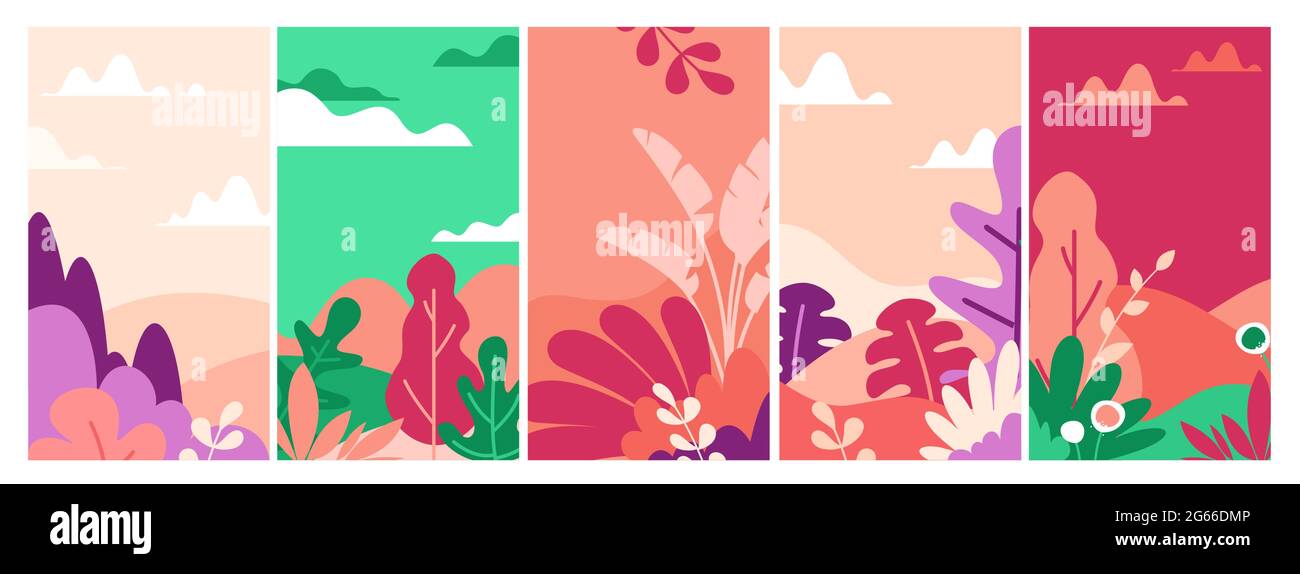 Landscapes flat vector illustrations set. Beautiful nature view abstract backgrounds pack. Field with trees and flowers. Sunset and sunrise red color Stock Vector