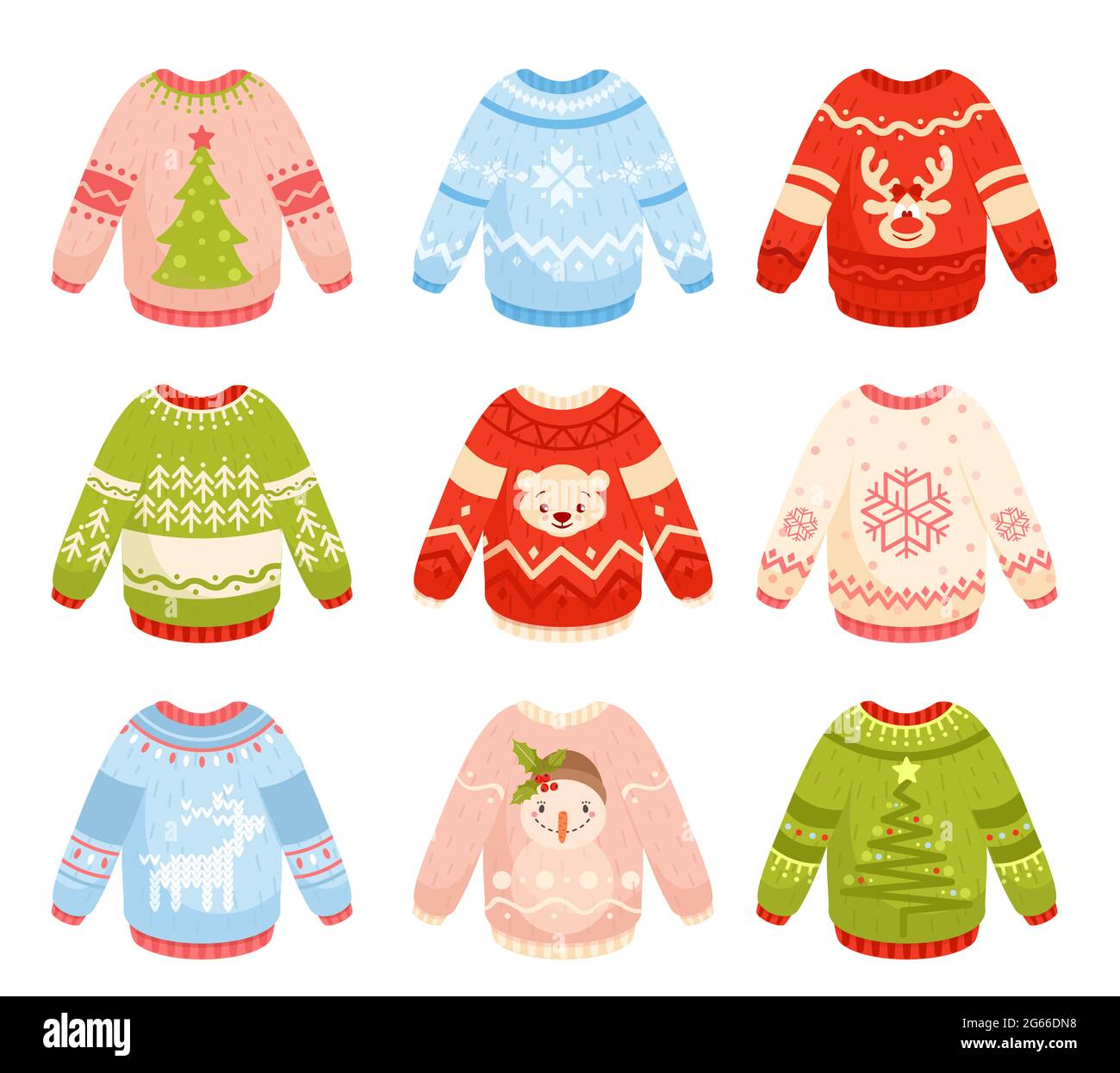Christmas sweaters flat vector illustrations set. Festive winter season clothing with reindeer, christmas tree, snowflake and snowman. Colorful warm Stock Vector
