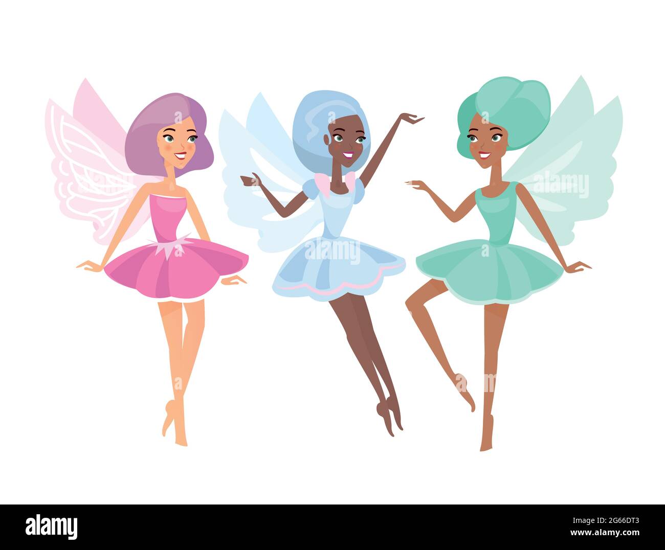 Mythical fairies flat vector illustrations set. Cute fairytale creatures isolated on white background. Magical flying elves. Cartoon mulatto girls Stock Vector