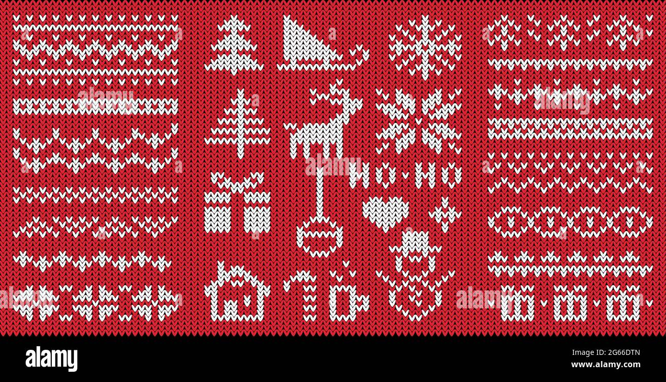 Knitted new year symbols and patterns flat vector illustrations set Stock Vector