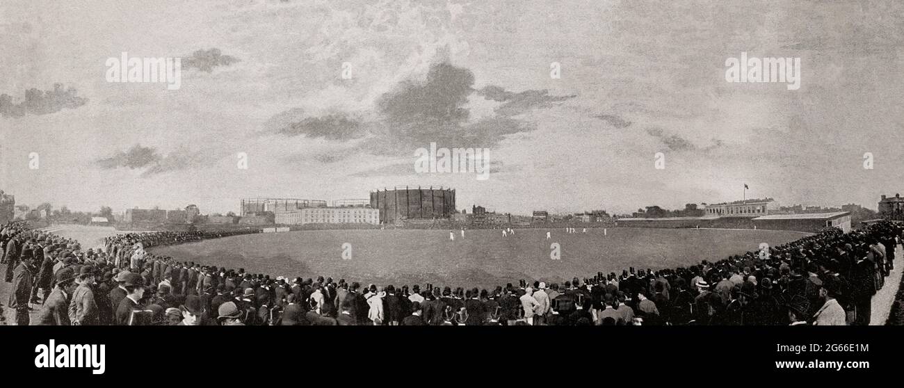 A late 19th century view of spectators at The Oval, an international cricket ground in Kennington, in the London Borough of Lambeth, in south London. It has been the home ground of Surrey County Cricket Club since it was opened in 1845 and was the first ground in England to host international Test cricket in September 1880. The final Test match of the English season is traditionally played there. Stock Photo