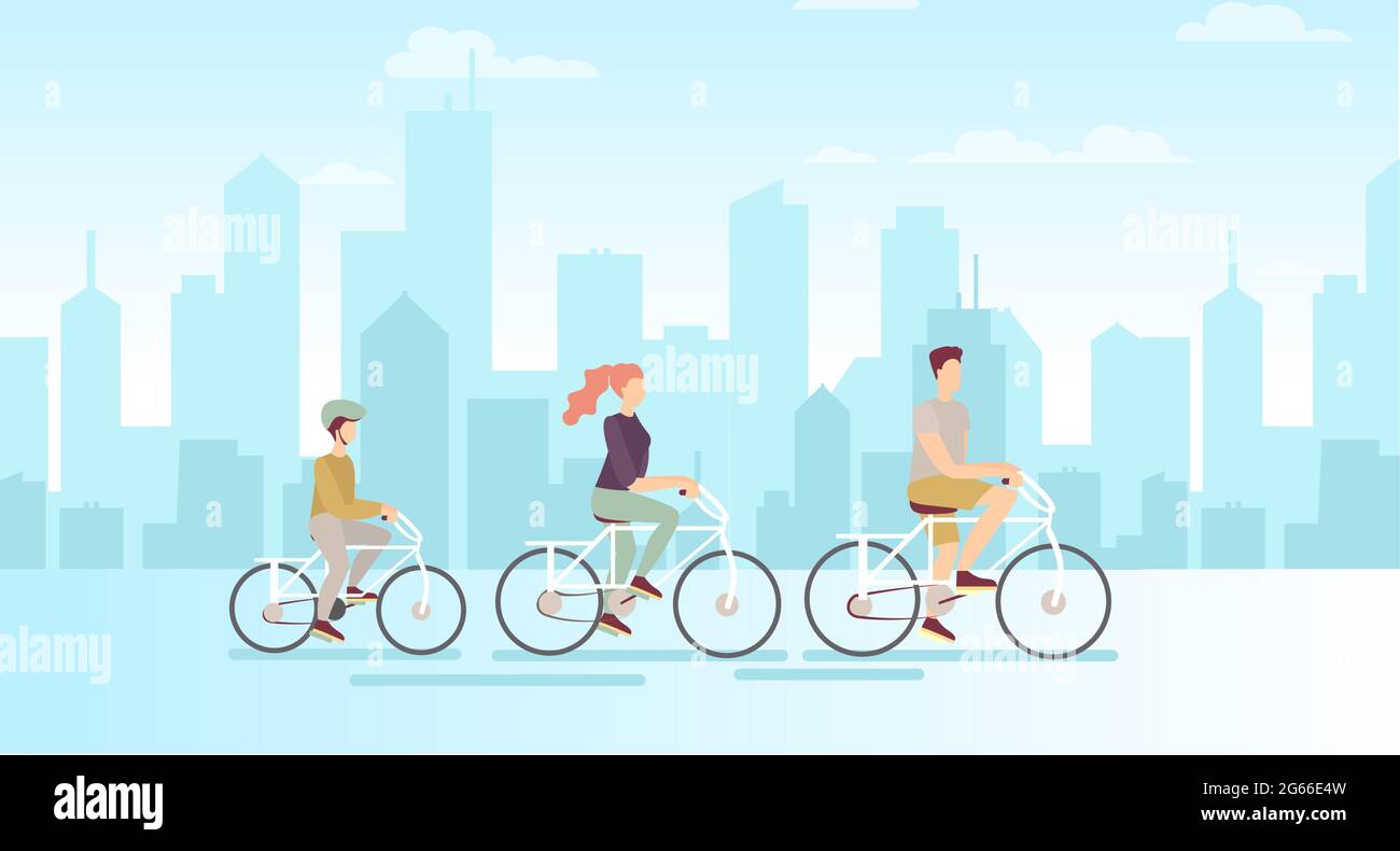 Vector illustration of family on bicycles on big modern city background. Father mother and son riding on bicycles, flat cartoon style. Stock Vector